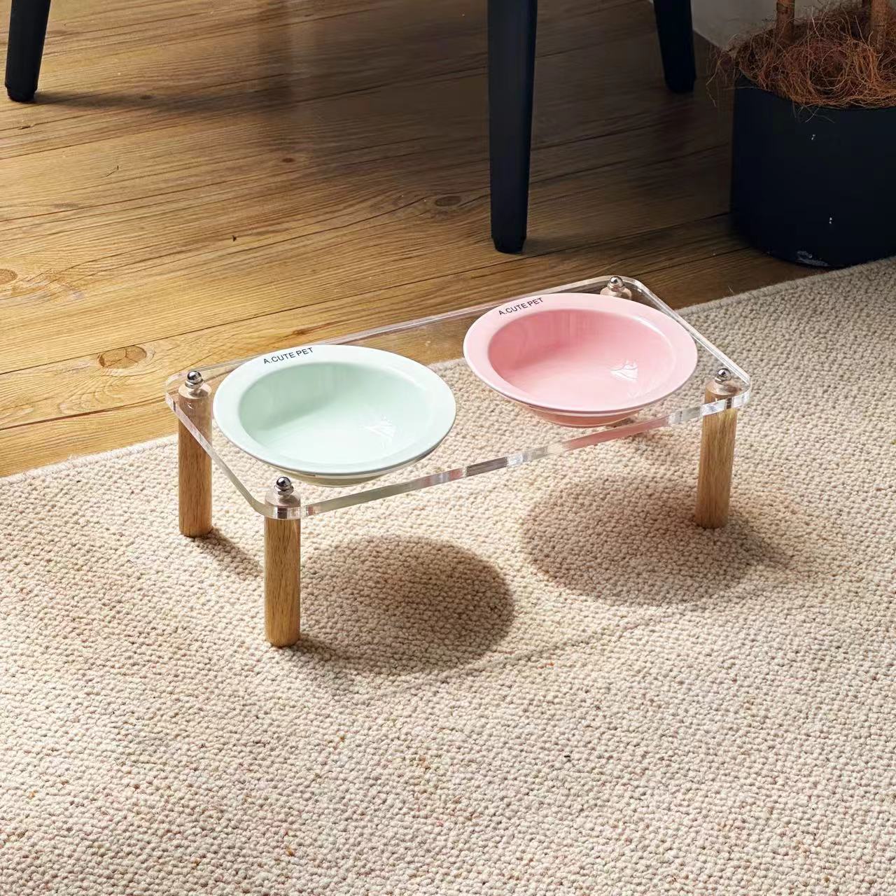 Ceramic Double Pet Bowl With Anti-Tip Elevated Stand