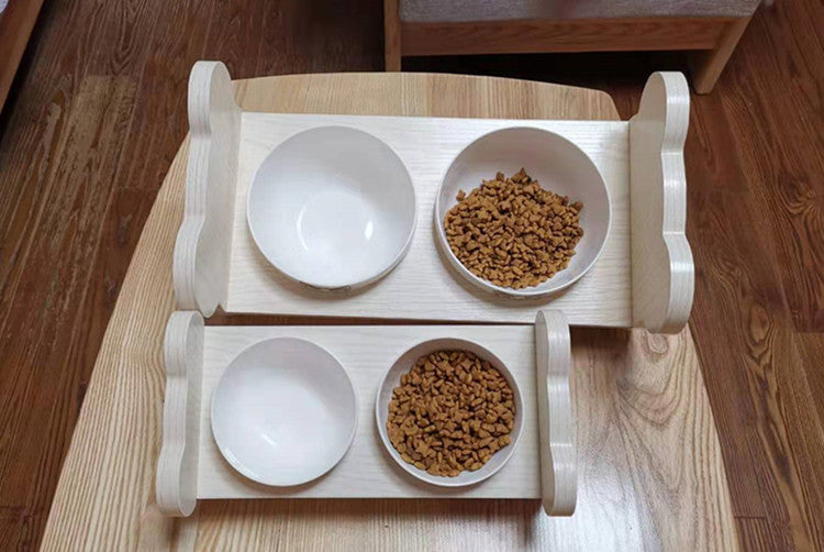 Tilted Solid Wood Double Pet Bowl