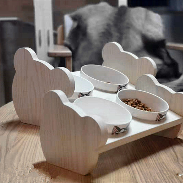 Tilted Solid Wood Double Pet Bowl