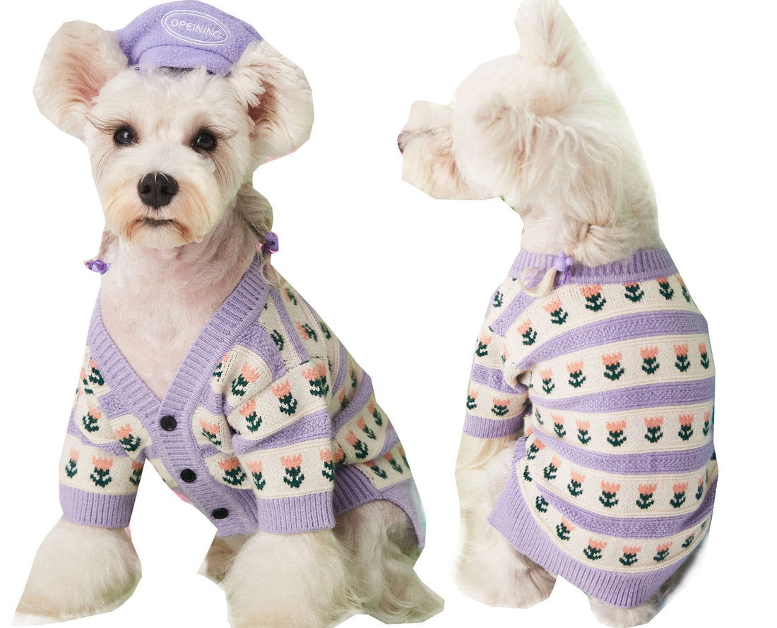 Purple Flower Pet Sweater Cardigan Stylish Comfortable Wear
