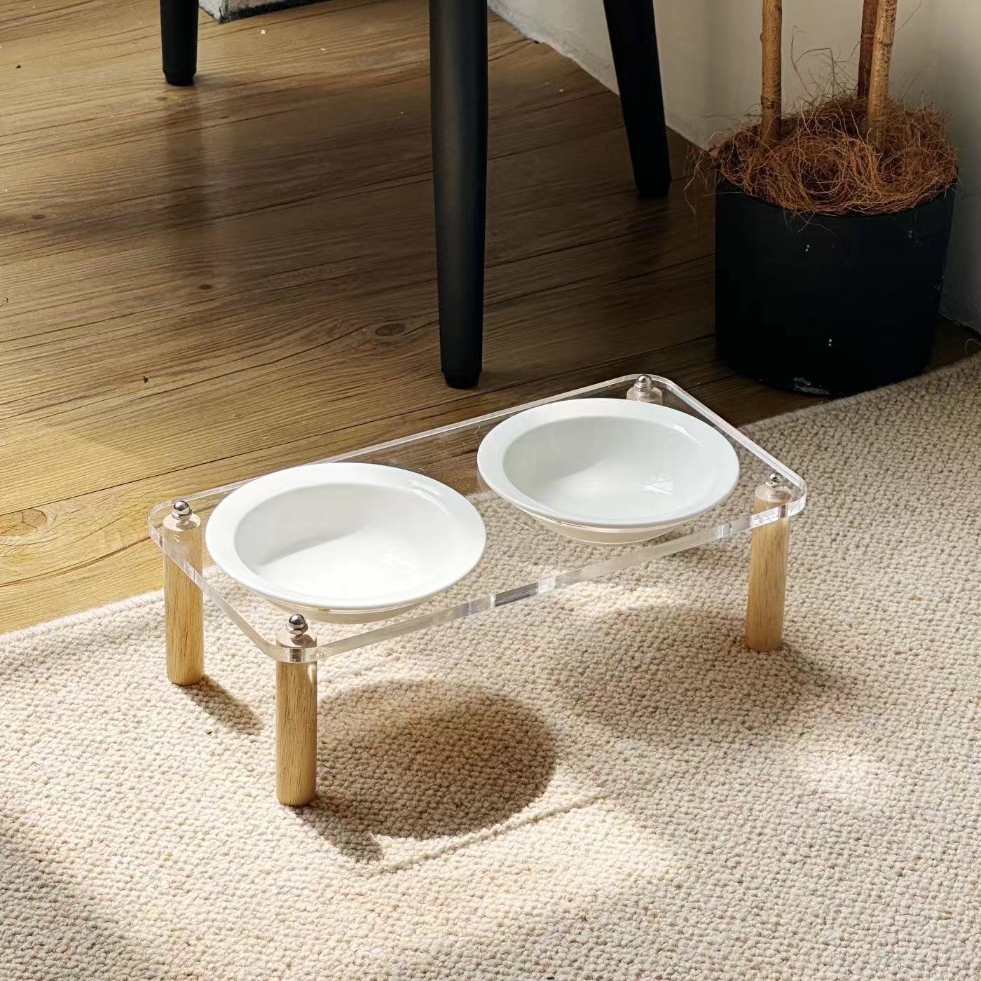 Ceramic Double Pet Bowl With Anti-Tip Elevated Stand